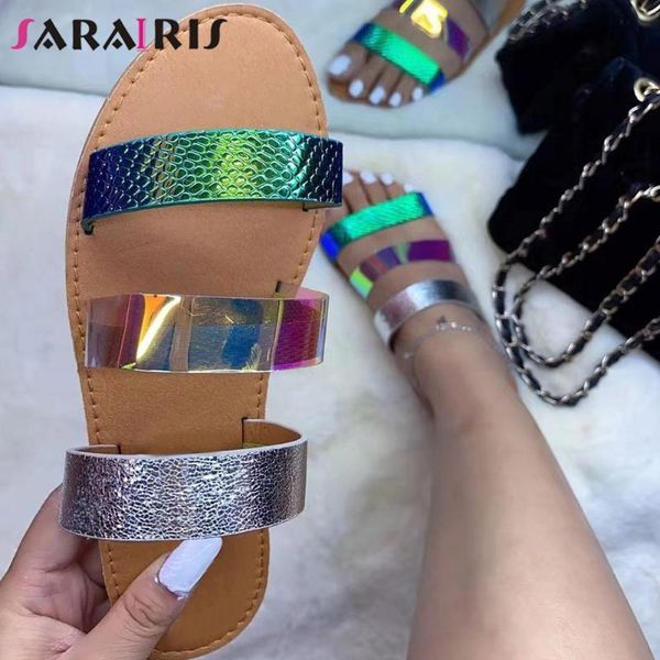 

slippers sarairis casual summer flat slides 2021 ins colorful pvc women cool reflective shoes woman, Black