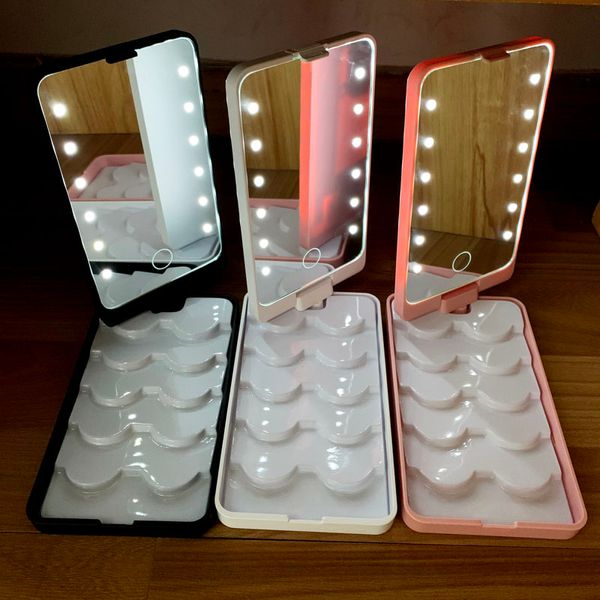 Make-up-Spiegel mit LED-Licht und 5 Paar künstlichen Wimpern, Organizer, zusammenklappbar, tragbar, Touchscreen, LED-Spiegel, Wimpern-Aufbewahrungsbox, Reise-Kosmetik-Werkzeuge