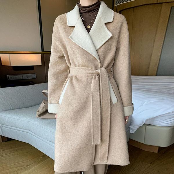 

women's wool & blends coat women autumn winter double faced woolen medium length suit collar woman, Black