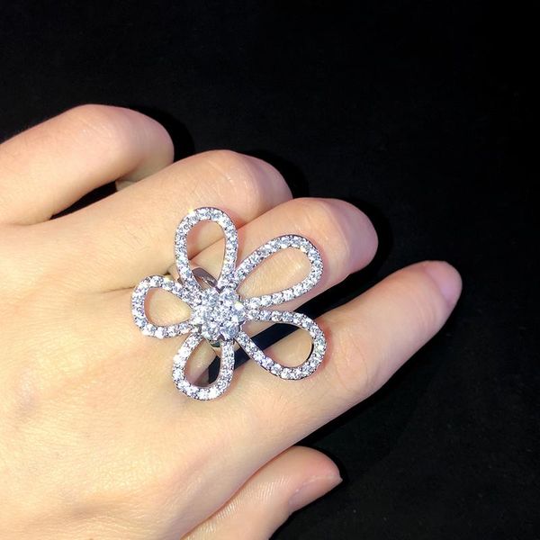 

wedding rings large hollow sun flower cuff ring pure 925 sterling silver crystal zircon opening women jewelry, Slivery;golden