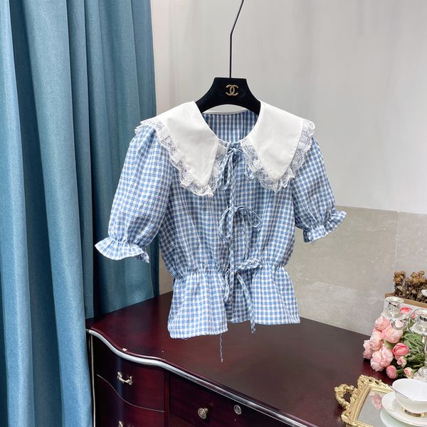 

women korean style plaid fashion lace stitching elegant blouse doll collar corset shirt ruffled waist-tight lower hem blouse, White