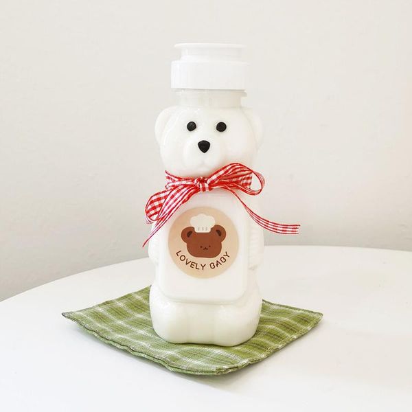 

250ml bear water bottles with lid milk tea juice straw cup plastic squeeze condiment honey sauce mustard jam dispenser storage & jars