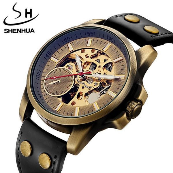 

automatic mechanical watch men watches skeleton bronze steampunk transparent self winding mens retro leather male clock wristwatches, Slivery;brown