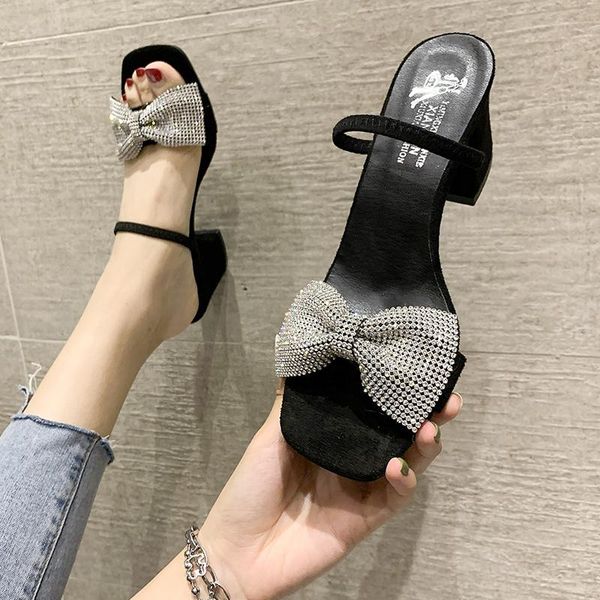 

female shoes med square heel ladies' slippers luxury slides women heels butterfly-knot 2021 block summer designer high fabric ru, Black