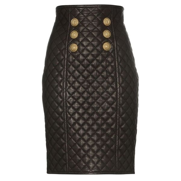 

designer skirt women's sewing grid empire synthetic leather skirt 210401, Black