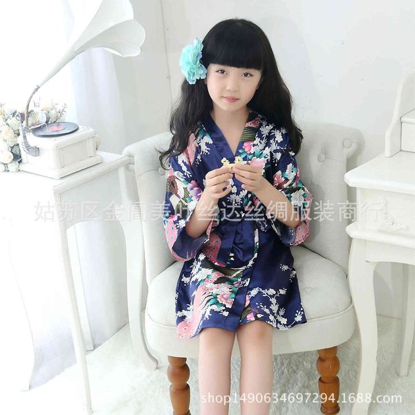 

silk children one piece peacock kimono nightgown, Blue;red