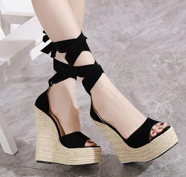 

rome style bowtie suede straw woven platform wees black sandale gladiator women sandals 16cm