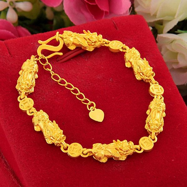 

link, chain vintage copper coin pixiu gold bracelet brave troops vietnam sand brass plated wealth luck bless jewelry gift, Black