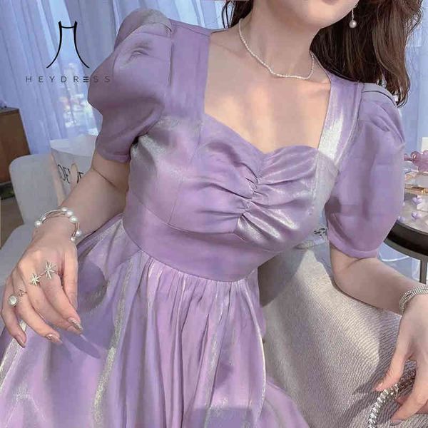 

elegant puff sleeve women a-line dress square collar sweet korean party female purple summer holiday vestidos 210517, Black;gray