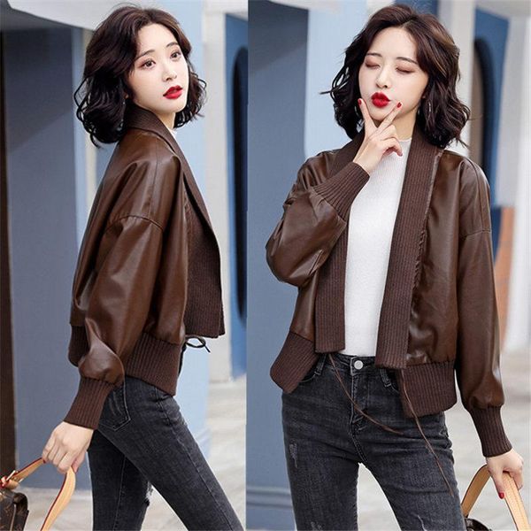 

women's leather & faux black khaki womens short pu jacket autumn winter knit stitching plus velvet lady casual cardigan coats e148
