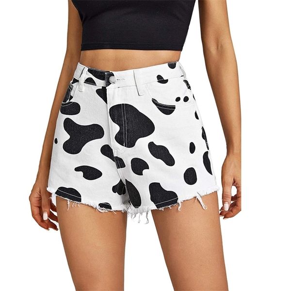

women shorts loose wide leg cow pattern print high waist button up zipper denim summer fashion street trousers 210522, White;black