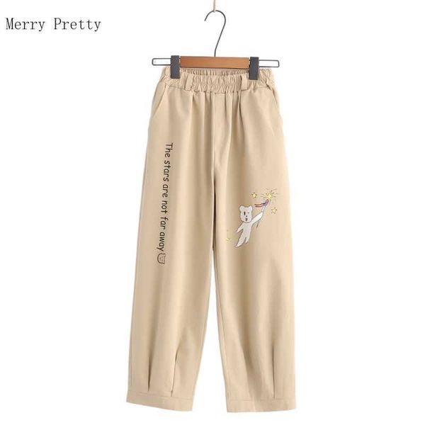 

khaki cartoon bear embroidery straight casual women pants summer sweet style ladeis kawaii cute cotton trouser merry pretty 210526, Black;white