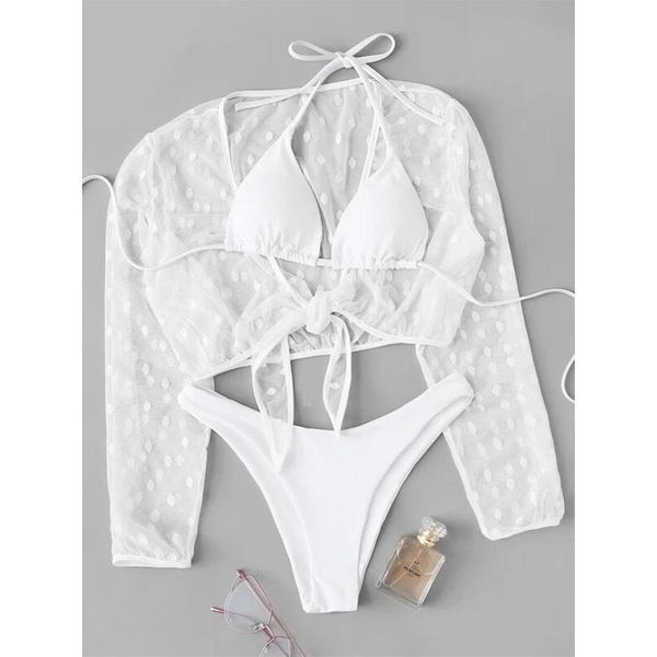 

women swimwear white 3pack dobby mesh triangle co-ord bikini swimsuit women's, White;black