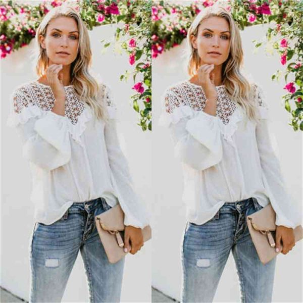 

women summer long sleeve lace patchwork t-shirts loose ladies casual t-shirt plus size, White