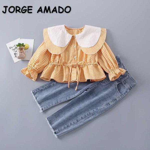 

spring kids girls 2-pcs sets plaid peter pan collar long shirts + denim pants children jeans casual style clothes e035 210610, White