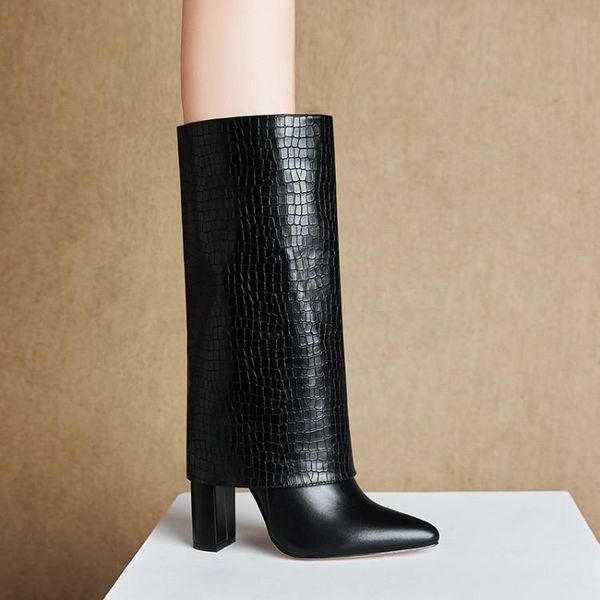 

boots women brown winter womens knee high 2021 tan chunky boot shoes pointed toe slip on heel ladies long tall, Black