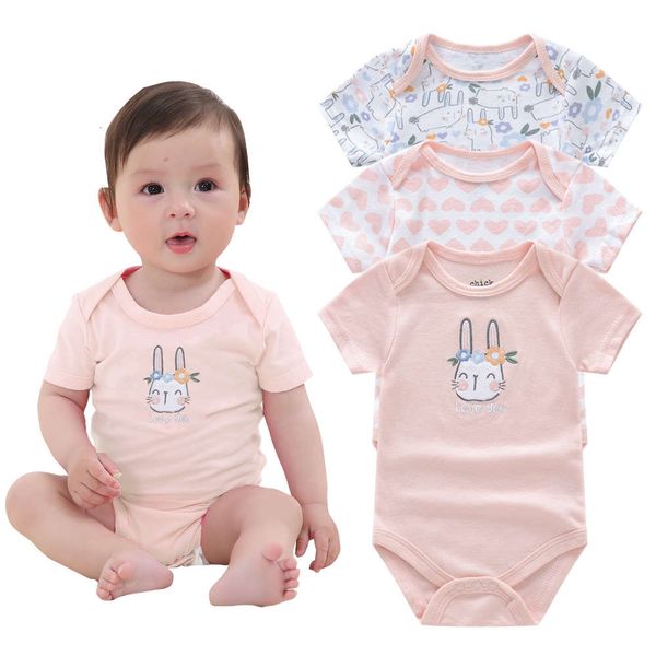 

baby dress 3-piece cute cartoon rabbit short sleeve creeping suit with hanger girl's one-piece, White