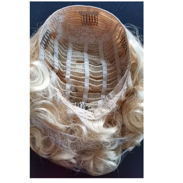 Kıvırcık Saç Kadınlar Bayanlar 3/4 Yarım Peruk Premium Bakire 613 Sarışın Peruk Güvenli Mesh Head Cap