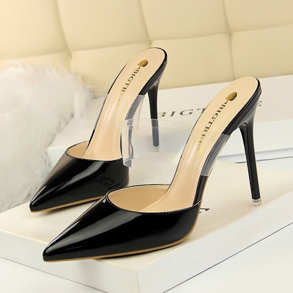 

.2021 cm style simple metal slim stiletto shallow mouth pointed hollow transparent word with high heel womens shoes1, Black
