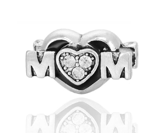 

fits pandora bracelets 30pcs mom heart crystal pendant dangle charms beads silver charms bead for wholesale diy european necklace jewelry, Black