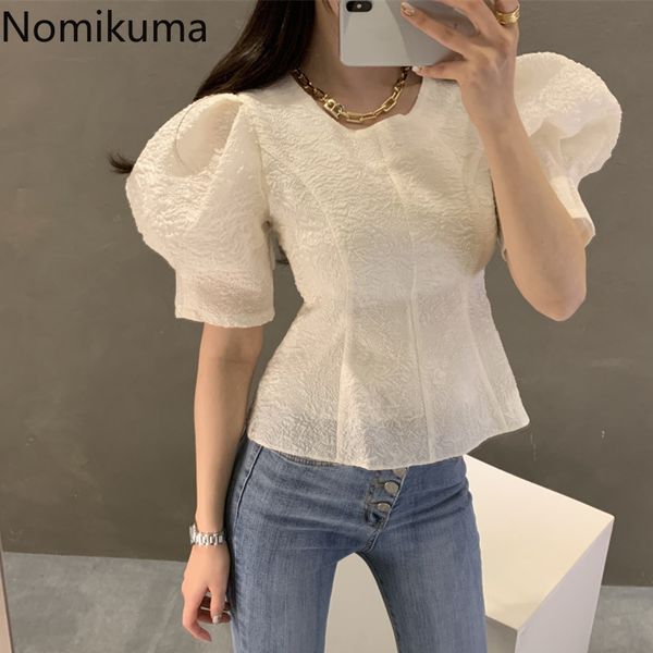 

nomikuma blouse women korean puff short sleeve o-neck shirt spring slim waist jacquard elegant blusas feminimos 6f430 210427, White