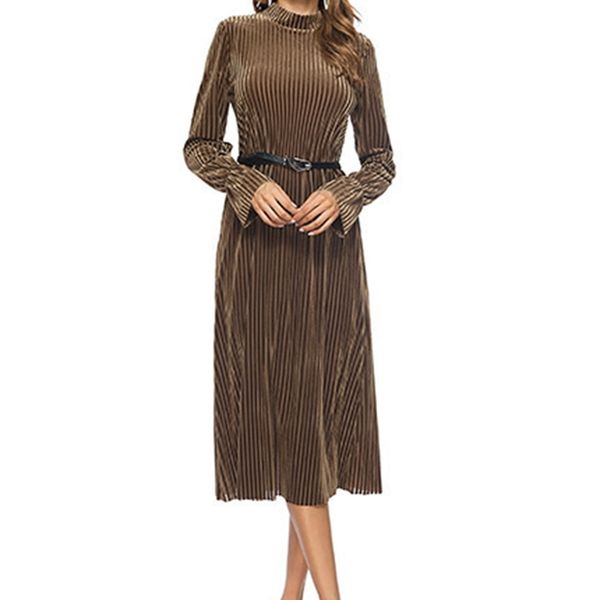 Женское бархатное платье Ribeed Striped с длинным рукавом пуловер Turtleneck стенд воротник колена длина коричневый черный велюровый пояс 210527