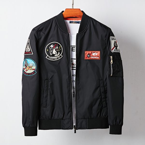 

fashion jacket men's stand collar embroidery standard thin air force no.1 casual large size work men, Black;brown