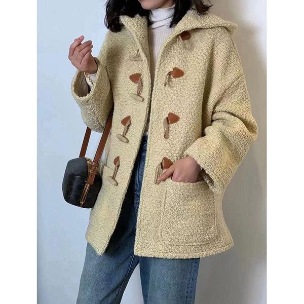 

women's wool & blends european goods 2021 autumn and winter tweed loose medium long coat hooded ox horn buckle, Black