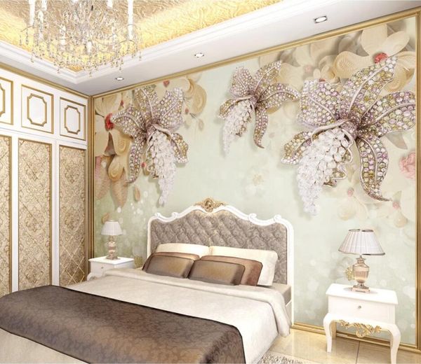 

Custom wallpaper 3d murals luxury European diamond jewelry flower TV background wall papers home decor papel de parede, Pink