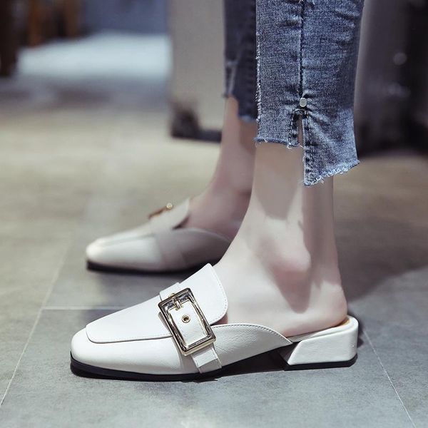 

slippers mules shoes woman belt metal buckle summer thick heels solid slides casual loafers flip flops femme brief zapatos mujer, Black