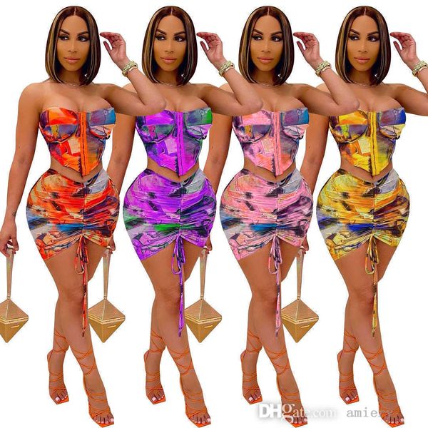 Frauen Sexy Zwei Stück Mini Rock Sommer Kleid Set Band Enge Off Schulter Top Plissee Trainingsanzüge Frauen Multi Kleidung