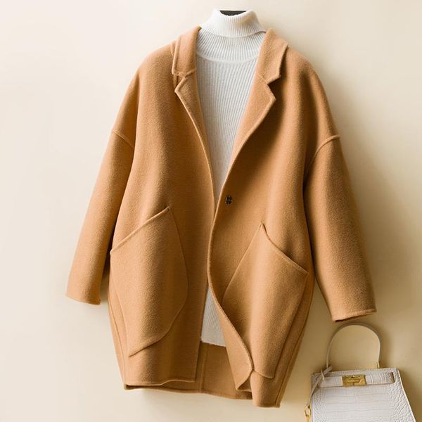 

women's wool & blends 100% coat for women cashmere blend long trench 2 sides woolen outwear jacket autumn winter, Black