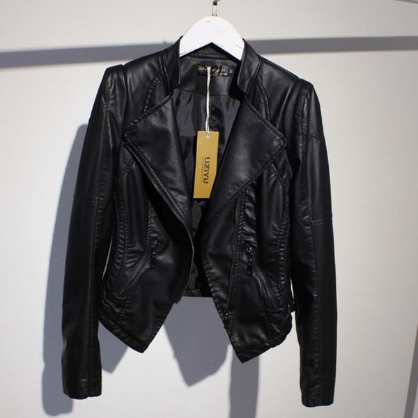 

women's jackets [ewq] stand collar line stitching short pu leather jacket long sleeve women black casual ladies coats 2021 autumn qk155, Black;brown