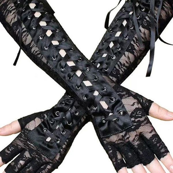 

five fingers gloves mesh lace up half finger long elbow length breathable punk fingerless floral, Blue;gray