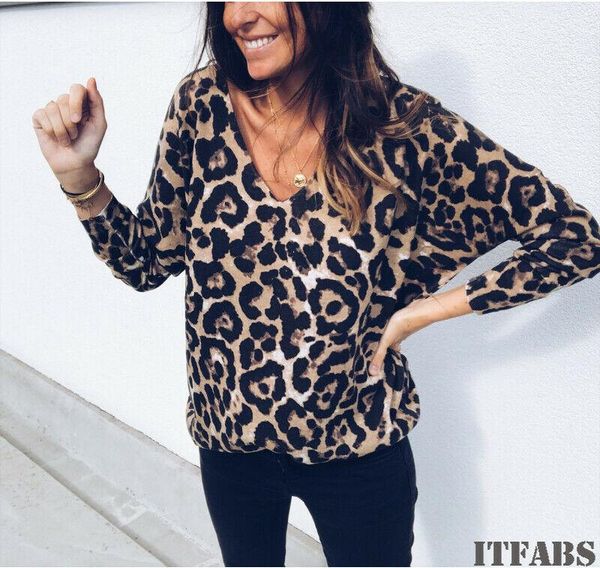 

women's t-shirt women long sleeve leopard t shirt v neck tee camiseta mujer, White