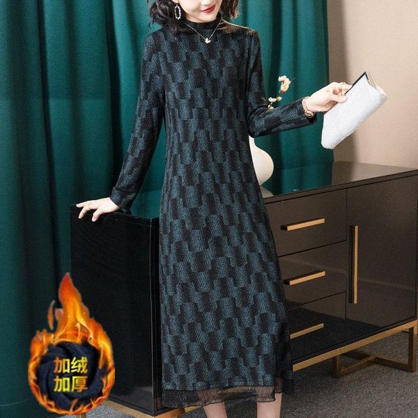 

vintage half high collar dresses plus size4xl middle aged women autumn and winter dress 2021 casual printing long-style vestidos, Black;gray