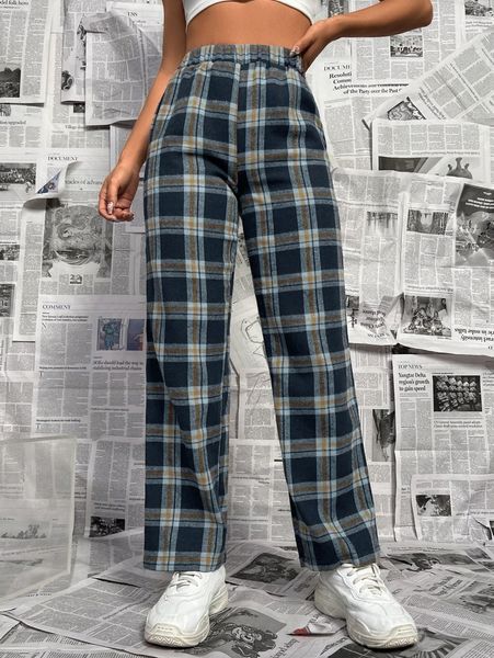 

petite plaid print elastic waist pants x4aq#, Black;white