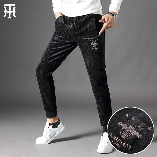 

pants fashionable the double face veet casual men's large thickened plush small leg leggings sports brand, Black