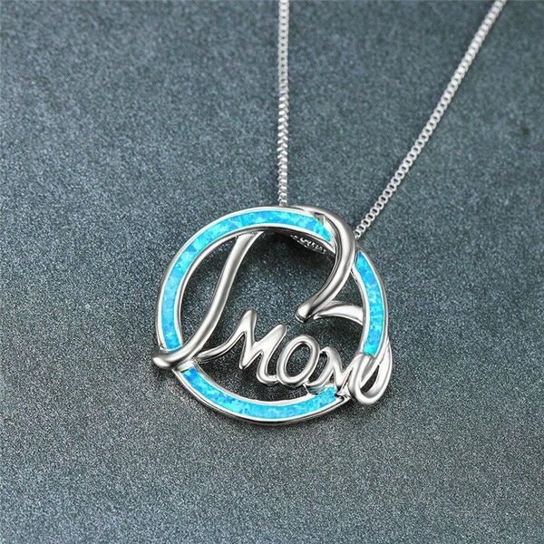 

pendant necklaces fashion mom letter blue/white imitation opal heart necklace for women accessories statement jewelry mother's day gift, Silver