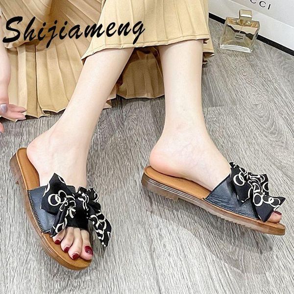

leather fashion bow women's sandals 2021 summer casual shoes flat slippers, Black
