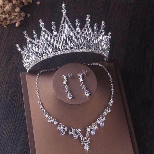 

earrings & necklace baroque luxury crystal geometric bridal jewelry sets rhinestone tiaras crown choker necklaces wedding dubai set, Silver