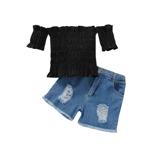 

clothing sets 2 pcs infant solid color outfits baby girls off shoulder smocked short sleeve pullover + frayed raw hem ripped jeans, White