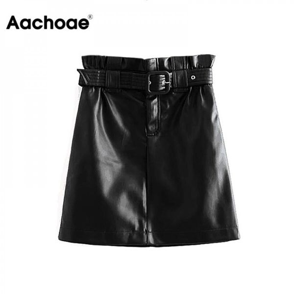 

women pu faux leather skirt with belt 2021 high waist pleated streetwear skirts chic a line mini skirt faldas mujer, Black;white