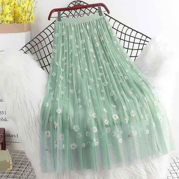 

sale long spring summer women skirt high waist 3 layers gauze girl pleated print sweet a line, Black