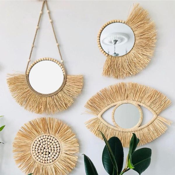 

mirrors moroccan woven straw hanging wall mirror boho macrame braided wooden beads makeup tapestry home bedroom decoration