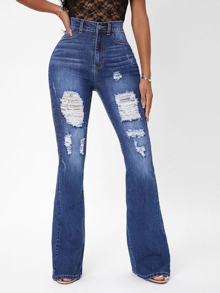 

sxy high waist flare leg ripped jeans l4br#, Blue