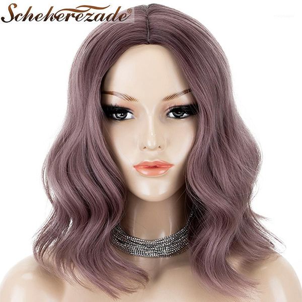 

scheherezade bob wig short wavy hair synthetic wigs for women ash purple high temperature fiber african american1, Black