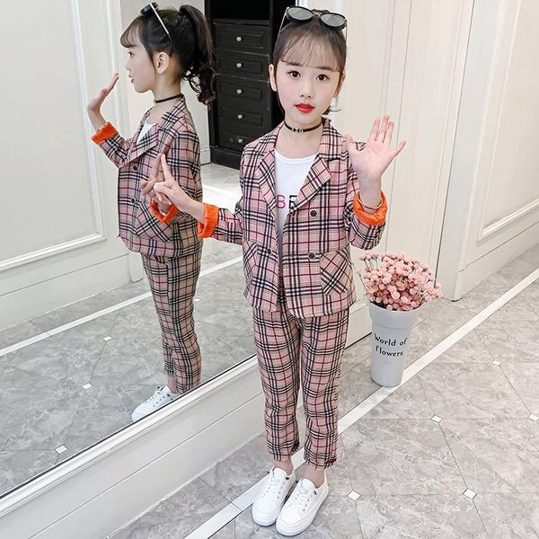 

clothing sets slim fit girls formal wedding suit for kids jacket + pants children 2pcs plaid teen school blazer 4 6 8 y, White