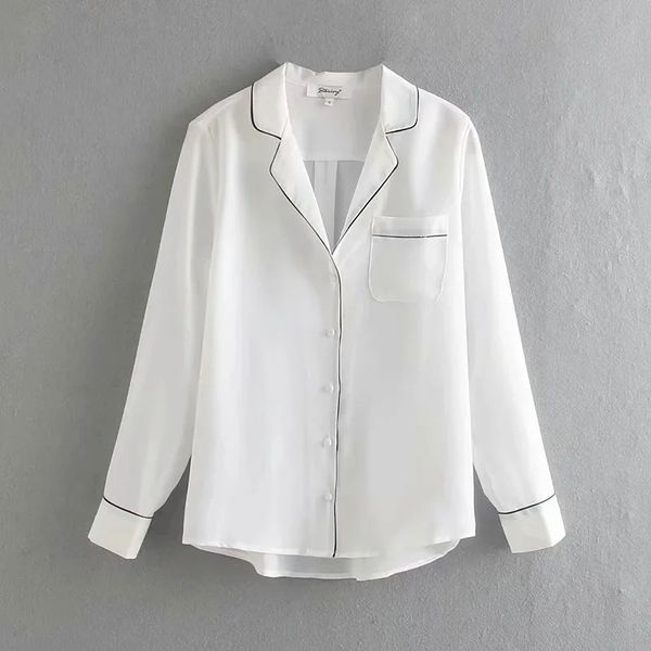 

fashion set color lapel shirt women's spring single breasted contrast long sleeve chiffon 210607, White