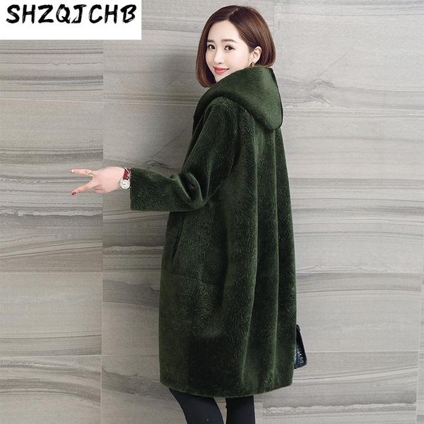 

women's fur & faux jchb 2021 real coat female jacket hooded winter clothes women 100% wool coats and jackets long femme veste, Black